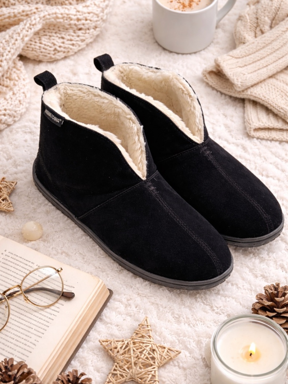 Minnetonka Black Leather Ankle Boots Faux Fur Lined Cozy Slip-On Size 11